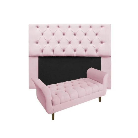 Imagem de Cabeceira Mirage + Recamier Grécia Com Capitonê Casal 140 cm Suede Rosa Bebe - LM DECOR