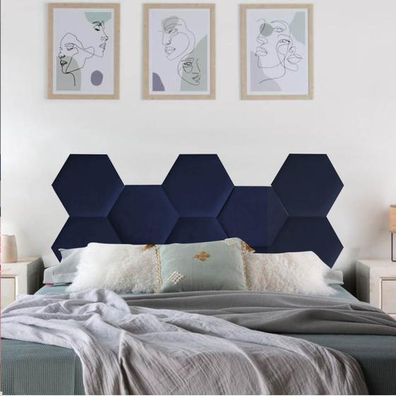 Imagem de Cabeceira Painel Modulado Colmeia Blogueirinha Estofada 140cm Casal Tecido Sintético Azul Marinho - Ahz Móveis