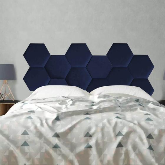 Imagem de Cabeceira Painel Modulado Colmeia Blogueirinha Estofada 160cm Queen Size Suede Azul Marinho - Ahz Móveis