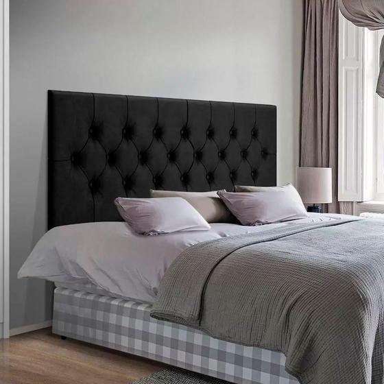 Imagem de Cabeceira Painel Suspensa Capitonê Estofada Suede Para Cama De Casal Queen 160cm X 55cm Preto