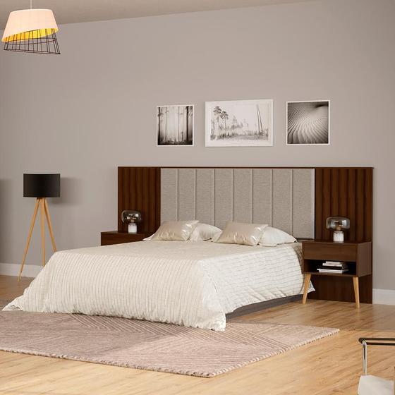 Imagem de Cabeceira para Cama box Casal em MDF Zara Robel Estofada Com Dois mesa de cabeceira  Jacarandá