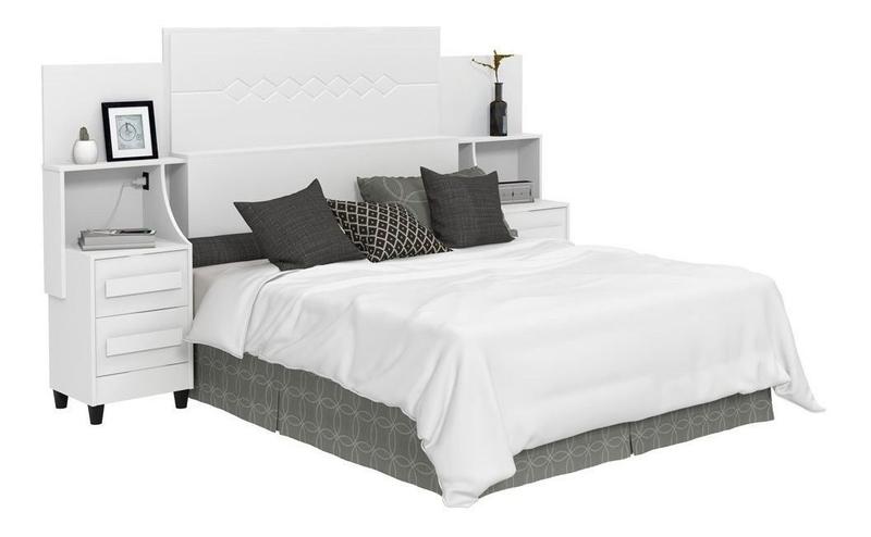 Imagem de Cabeceira Para Cama Box De Casal Queen Com 2 mesas de cabeceira Cor Branco