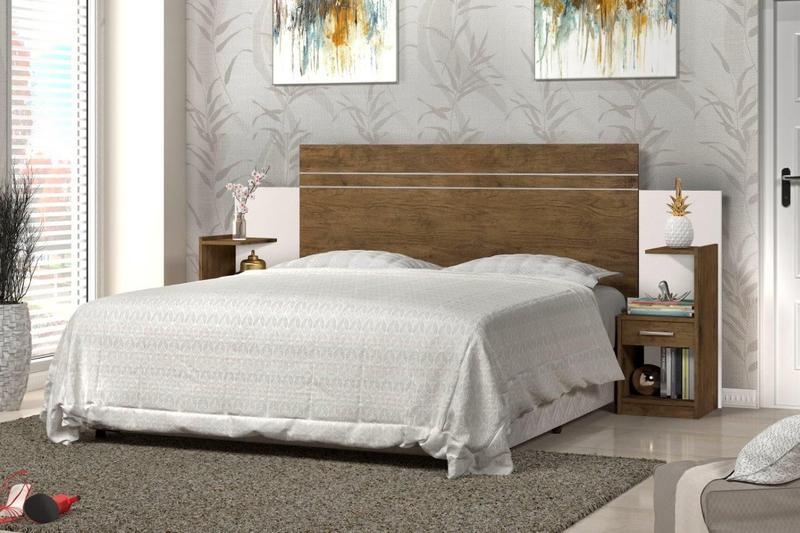 Imagem de Cabeceira Para Cama Box Regulável MOA Com 2 Mesas de Cabeceira Com Gavetas Acopladas Cor Jequitiba/Off White