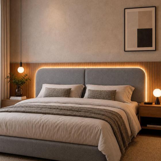 Cabeceira Queen Melissa 160 cm Estofada em Linho com LED Design Orgânico para Cama Box