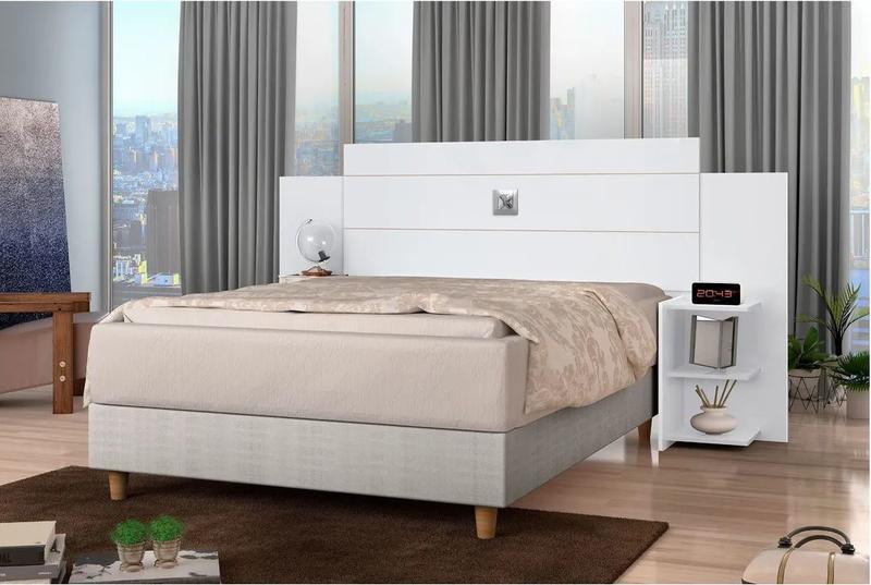 Imagem de Cabeceira Queen Size de Madeira Com 2 Mesa Lateral com Prateleiras Cabeceira p/ Cama Base Box  1,58 Acp