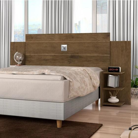 Imagem de Cabeceira Queen Size de Madeira Com 2 Mesa Lateral com Prateleiras Cabeceira p/ Cama Base Box  1,58 Acp