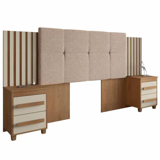 Cabeceira Ripada Estofada para cama box casal/Queen/king RV Móveis Suíça com 02 mesas de cabeceira com tomada cinamomo OFF White - RV MOVEIS Menor preço em Cabeceira Ripada Estofada para cama box casal/Queen/king RV Móveis Suíça com 02 mesas de cabeceira com tomada cinamomo OFF White - RV MOVEIS