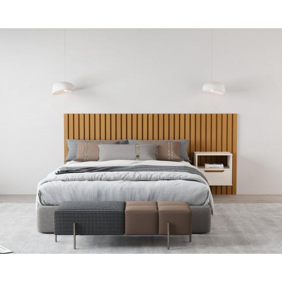 Imagem de Cabeceira Ripada Maracá Queen 215cm MDF/MDP com 1 Mesa de Cabeceira Jatobá
