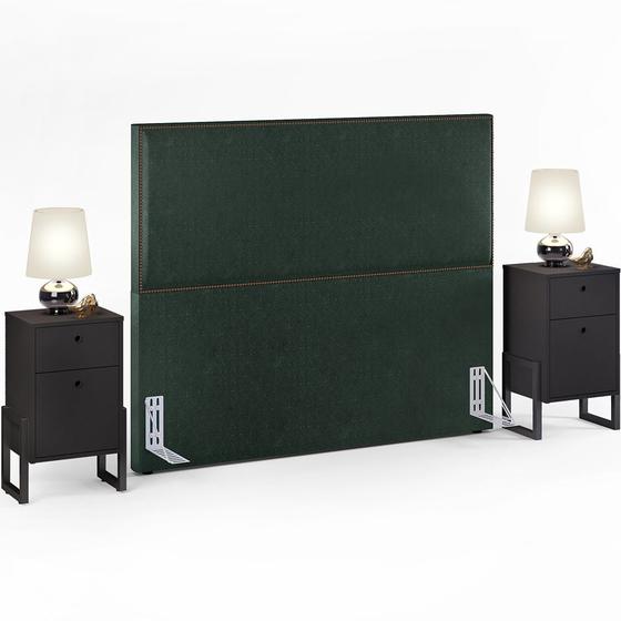 Imagem de Cabeceira Vicenza 140cm Linho Verde Musgo L02 Com 2 Mesas de Cabeceira Work Preto - Lyam Decor