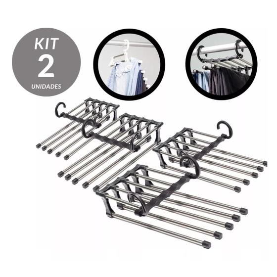 Imagem de Cabide Multifuncional Inox com 5 Divisórias para Calças e Saias Kit c/ 2