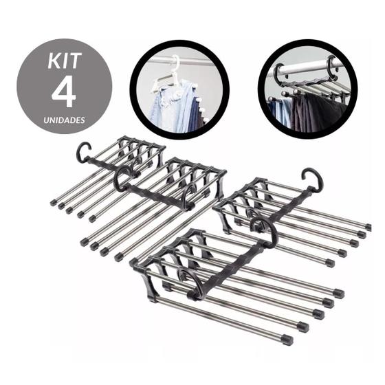 Imagem de Cabide Multifuncional Inox com 5 Divisórias para Calças e Saias Kit c/ 4