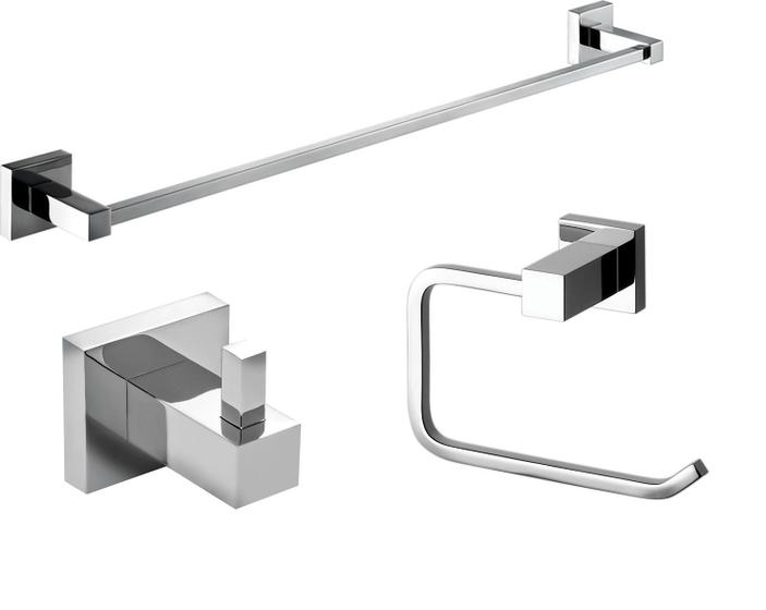 Imagem de Cabide Simples Cromado + Porta Papel Higiênico Metal + Porta Toalha de Banho 65cm - Linha Cromax