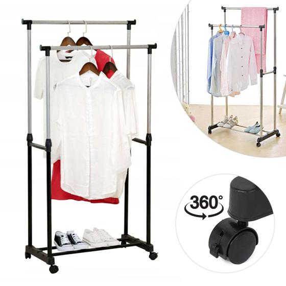 Imagem de Cabideiro Arara Duplo De Pendurar Roupas Para Closet Com Prateleira Quarto Loja Com Rodinhas Chão