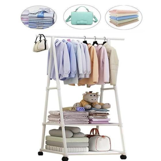 Imagem de Cabideiro organizador de roupas arara com 2 prateleiras e rodinhas armario branco