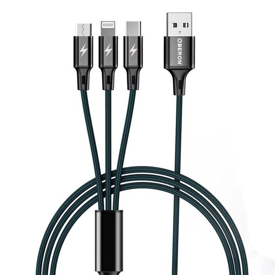 Imagem de Cabo 3 em 1 USB-A para Tipo-C, Micro USB (V8) e L*ght 1,2m Oberon  Carregamento e Dados
