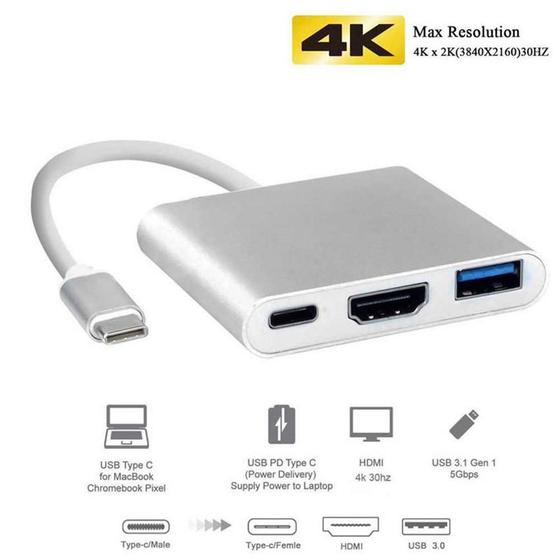 Imagem de Cabo Adaptador Conversor Usb C Para Hdmi + Usb 3.0 + Tipo C