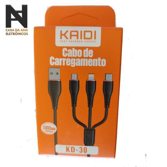 Cabo carregamento e dados 3 em 1 Kaidi Menor preço em Cabo carregamento e dados 3 em 1 Kaidi