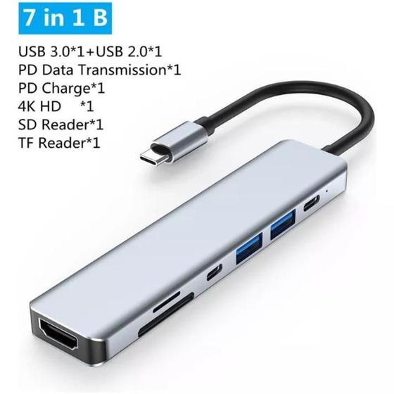 Imagem de Cabo Conector Hub Tipo C 7 Em 1 Hdmi 4k Usb 3.0 Usb-c Pd Cartao Sd