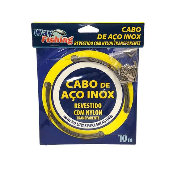 Imagem de Cabo de Aço Inox Way Fishing 70lb 10m Prata com Nylon Flexível 50 Luvas