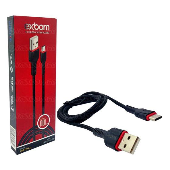 Imagem de Cabo de Dados e Carregamento USB Type-C Carrega Rápido USB 2.1A 1 Metro Exbom CBX-U2100TCB1 Preto