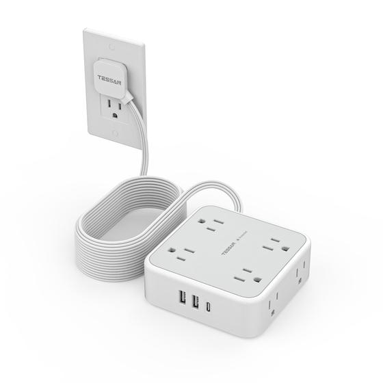 Imagem de Cabo de extensão TESSAN Flat Plug de 6 m com protetor de sobretensão 8 AC 3 USB