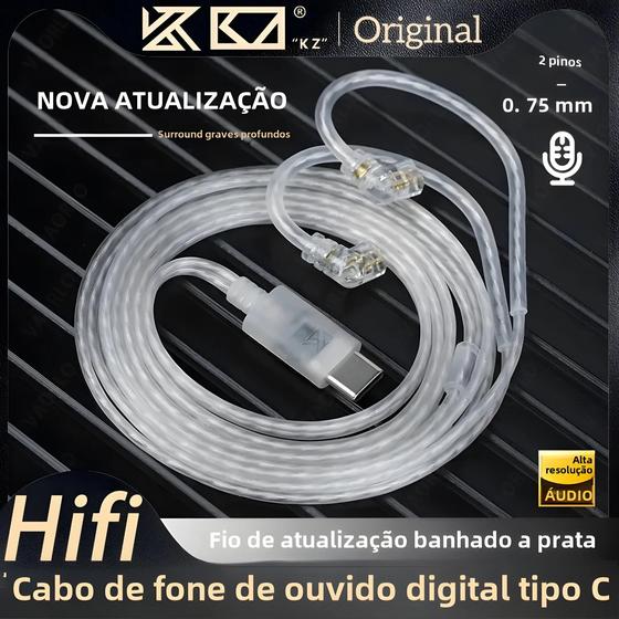 Imagem de Cabo De Fones De Ouvido KZ Tipo C 2 Pinos Banhado a Prata Com Microfone Para DQ6 ZAX ZSX ZSN pro