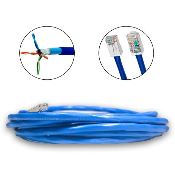 Imagem de Cabo de Rede 100% Cobre 5 Metros CAT6 Azul Área Externa Dupla Capa Blindado UTP Fio Lan