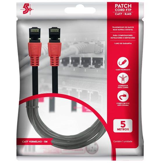 Imagem de Cabo de Rede CAT7 PATCH CORD FTP 600 MHZ 10 GBPS 5 Metros Vermelho