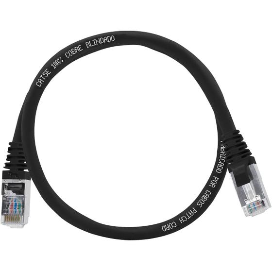 Imagem de Cabo de Rede Patch Cord Cat5e 100% Cobre com  Blindagem Preto 60 centímetros