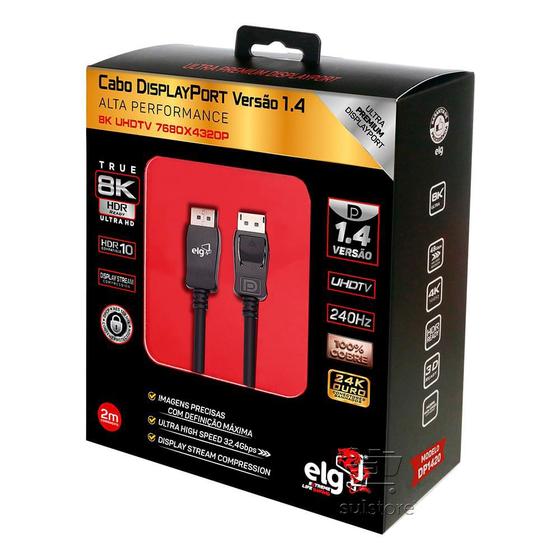 Cabo Displayport 8K 2 Metros ELG DP1420 1080p a 240hz, 4K a 120hz e 8K a 60hz Menor preço em Cabo Displayport 8K 2 Metros ELG DP1420 1080p a 240hz, 4K a 120hz e 8K a 60hz
