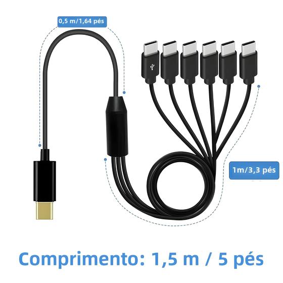 Imagem de Cabo Divisor USB-C 6 em 1 - Carregador Multiportas para Android, Samsung e Tablets