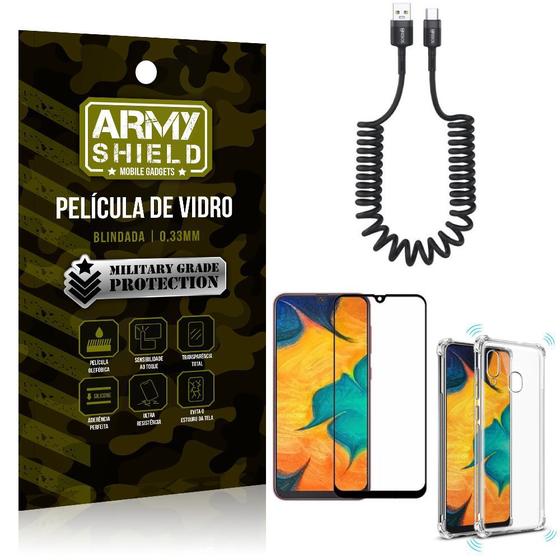 Imagem de Cabo Espiral Samsung A20 + Capinha Anti Impacto + Película 3D - Armyshield