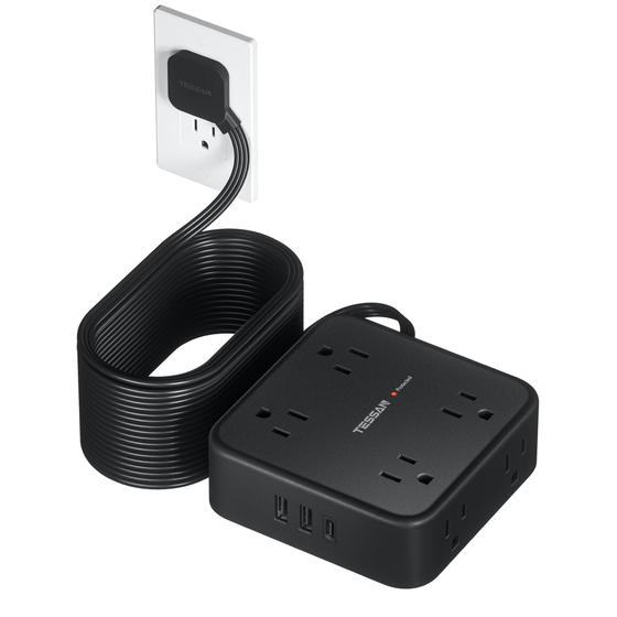 Imagem de Cabo Extensão TESSAN 25 Pés - 8 Tomadas AC + 3 USB (900J) - Preto