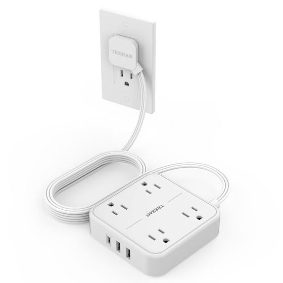 Imagem de Cabo Extensão TESSAN com Protetor de Surto - 3 USB e 10 Pés - Branco