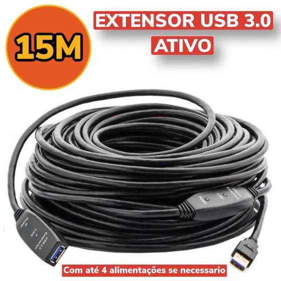 Imagem de Cabo Extensor Usb 3.0 15 Metros Ativo Com Repetidor E Alimentação