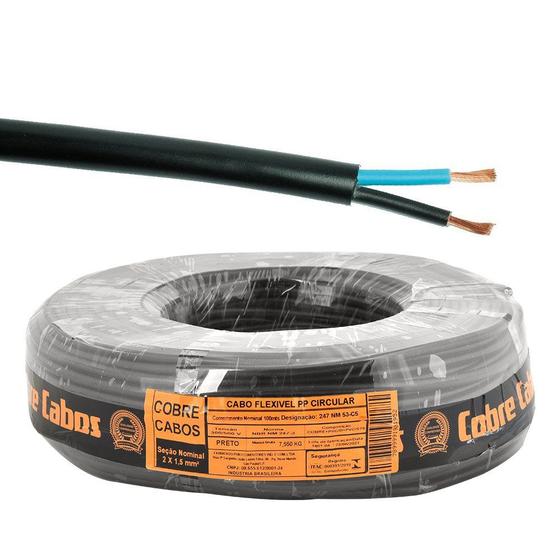Imagem de Cabo Fio Flexível PP Circular Extensão 2 x 1,50 mm Preto Rolo com 100 Metros