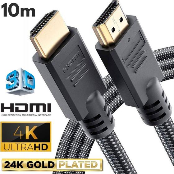 Imagem de Cabo HDMI 10m 10 Metros 4k 1.4 Full HD Revestido Nylon Pino Dourado Blindado Filtro TV Monitor