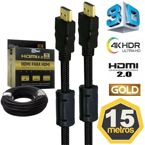 Imagem de Cabo Hdmi 15m 15 Metros 4k 2.0 Blindado Filtro Pino Banhado Ouro Premium