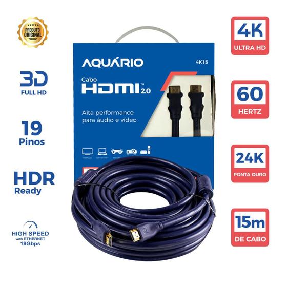 Imagem de Cabo HDMI 2.0 15 metros 4K Full HD 3D Blindado Aquário 4K15