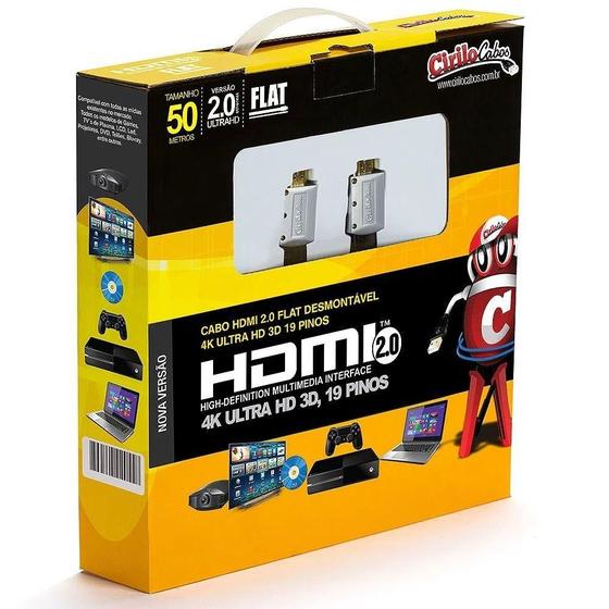 Imagem de Cabo Hdmi 2.0 Flat Desmontável 19 Pinos, 4K, Ultra Hd, 3D 50