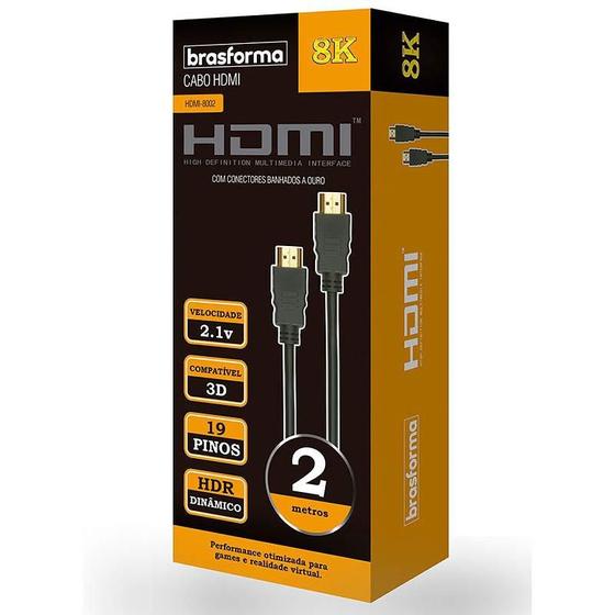 Cabo HDMI 2.1 com 19 Pinos 8K Ultra HD 2 Metros BRASFORMA Menor preço em Cabo HDMI 2.1 com 19 Pinos 8K Ultra HD 2 Metros BRASFORMA