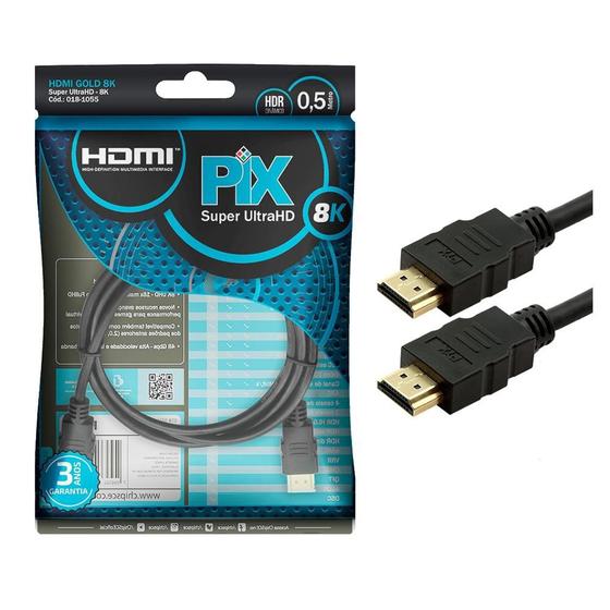 Cabo HDMI 2.1 PIX, 8K HDR 19P, 30AWG, 0.5M - 018-1055 Menor preço em Cabo HDMI 2.1 PIX, 8K HDR 19P, 30AWG, 0.5M - 018-1055