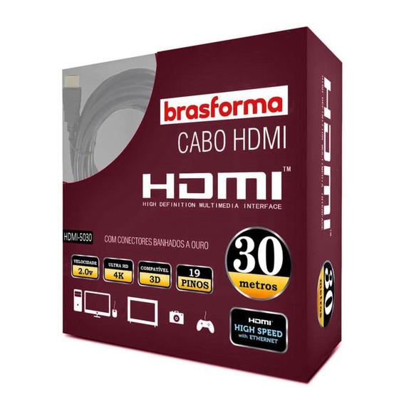 Imagem de Cabo HDMI 30 Metros 4K Ultra HD 3D HDR 2.0 19 Pinos Brasforma HDMI-5030