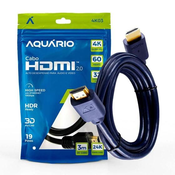 Imagem de Cabo Hdmi Aquario 2.0 4K 3D 19 Pinos 3 Metros - 4K03