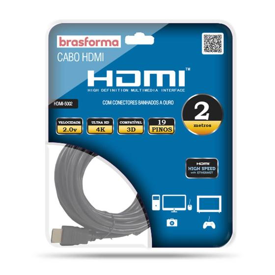 Imagem de Cabo HDMI de Alta Definição 2.0 com 2m  Brasforma HDMI5002