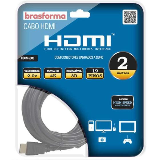 Imagem de Cabo Hdmi De Alta Definicao 4k 2.0 Com 2m Brasforma