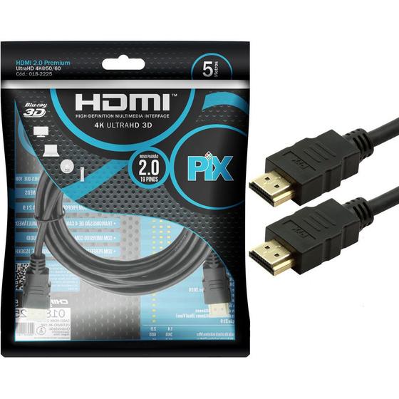 Cabo HDMI PIX 5m 2.0 4K 19 Pinos 018-2225 Menor preço em Cabo HDMI PIX 5m 2.0 4K 19 Pinos 018-2225