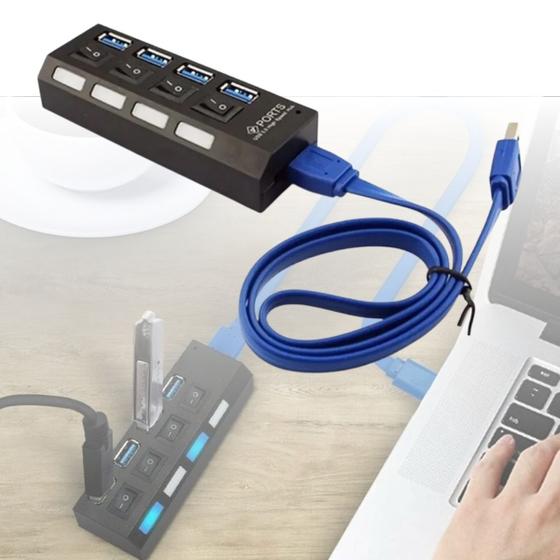 Imagem de Cabo Hub Usb 4 Portas 3.0 Divisor Régua Adaptador Aumentar Entradas Extensão Conversor Com Botão