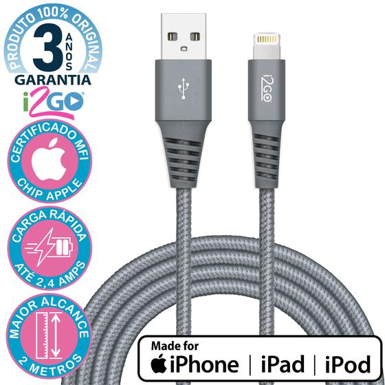 Cabo iPhone Lightning MFI Certificado com Chip Original 2m Chumbo i2Go