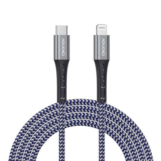 Cabo lightning+usb tipo c até 20w fibra kevlar 2m mfi geonav Cabo